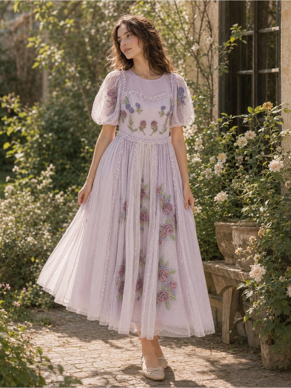 Ivy City Co Enchanted Dress Lavender Floral Embroidered Tulle Size S